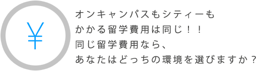 オンキャンパスもシテイーもかかる留学費用は同じ！同じ留学費用ならあなたはどっちの環境を選びますか？